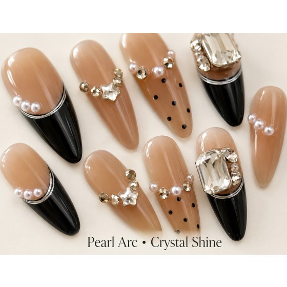 Black French Pearl & Rhinestone Press‑On Nails, Medium‑Long Almond Luxury Elegant False Nails With Polka Dots